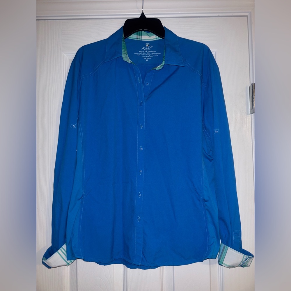 Kuhl Ezra Long Sleeve Button Down Shirt Blue Size Women's XL Hiking Roll Tab